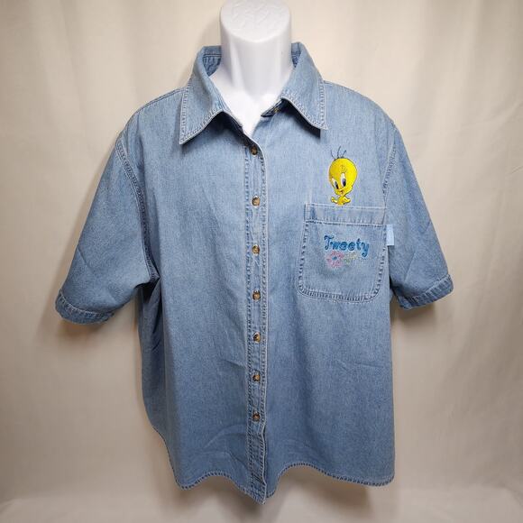 Looney Tunes Tweety Bird Jean Button-Up Shirt 2XL - Picture 1 of 6